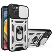 case For iPhone 15 Slide Camera Lens Protection and Built in 360 Rotatable Ring Holder - Silvery