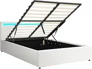 OIKITURE Bed Frame Gas Lift Base with 16-Colour LED Lighting, Wooden Bed Frame Platform with PU Leather Headboard, Extra Storage Space, Capacity 300KG, Easy Assembly, 208x153x89CM, White