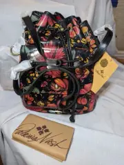 Patricia Nash Black NEW Tropical Floral Sabina Leather Drawstring Purse Bag