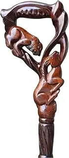 Wooden Lion & Gazelle Head Carved Cane - Premium Wood Hand Carved Walking Stick Cane with Ergonomic Palm Grip Handle - 36" Brown Unique Handmade Elegant Carved Walking Stick for Men, Women, Hiking