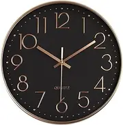 Wall Clock Silent Non Ticking 12 Inch Quartz Round Clock Battery Operated Home Office Living Room Bedroom (Rose Gold case Black face)