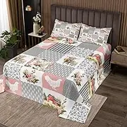 Farmhouse Barn Bedspread King Size for Adult Women,Chicken Highland Cow Flowers Grid Quilt Set with 2 Pillowcases,Rustic Pink Patchwork Geometry Decor Bedding Quilted,Breathable