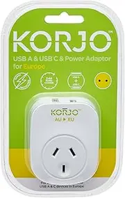 Balanzza Korjo USB A+C - Europe Converts one EU Socket Into 1 x AUS/NZ Power Socket Plus 1 x USB-C Port Plus 1 x USB-C Port, White
