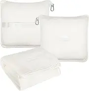 BlueHills Premium Soft Plush Travel Blanket Pillow for Airplane Traveling Essentials in a Bag Flight Throw with Hand Luggage Belt Backpack Clip Compact Portable Plane Accessories Ivory White - T025