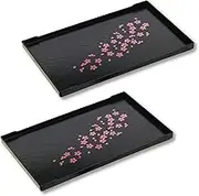 JapanBargain, Set of 2 Japanese Trays Tea Tray Sushi Plate Small Snack Tray Tempura Tray, Wood Grain Pattern, Made in Japan, 10x6.25 inch (Black w/Sakura)