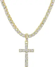 [Charles Raymond] Iced Out Cross Pendant on Tennis Chain for Men or Women - Bling'ed Out Hip Hop Jewelry on Blast! - Gold or Silver and Size Your Choice - TN001
