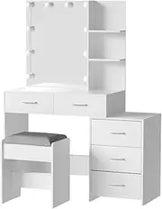 Artiss Dressing Table, 10 Bulbs LED Mirror Makeup Stool Set Wooden Vanity Desk Chair, Home Bedroom Furniture Girls Kids Women Organisers, Drawers Shelves Wide Tabletop White