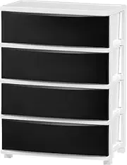 IRIS USA Plastic Drawer Storage Organizer, 4-Drawers, for Classroom Art Supplies Bathroom Dorm Bedroom Laundry Room, Wide, White Frame with Matte Black Front Panels