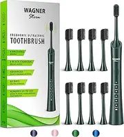 Wagner Stern ultrasonic whitening Electric Toothbrush with 8 Charcoal Black Brush Heads. for Fresh Breath & Healthy Smile. (Green)