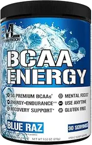 Evlution Nutrition BCAA Energy - BCAA Powder Workout Drink to Support Alertness, Endurance, Performance and Cognitive Function - Build Lean Muscle & Protein Synthesis - 30 Servings - Blue Raz