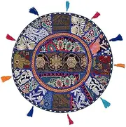 Stylo Culture Indian Kids Floor Pillow Vintage Bohemian Patchwork Round Cushion Cover Dark Blue Small Throw Pillow Covers 18 x 18 Decorative Decor Tuffet Cover Footstool Cotton Embroidered 1 Pc