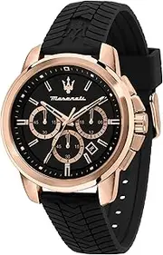 [Maserati] Mens Sports Watches Successo Series Men's Analog Quartz Watch Chronograph Date Waterproof Black Silica Gel Watch Band Wrist Watches for Men [2 Year Warranty]