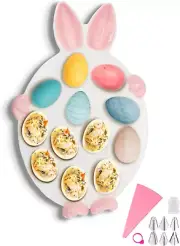 Bunny Deviled Egg Platter Holds 12 Eggs, Ceramic Egg Tray 14.3" - White