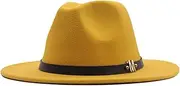 [Hiliby] Tops Cap Wool Hat Wide Belt Womens Buckle Classic Fedora Hat Panama Floppy Baseball Caps 6 Panel Dad Hat Yellow