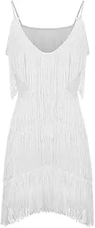 [Generic] Women's Deep V Neck Backless Sexy Dress for Club Party Prom Spaghetti Strap Tassel Mini Dress