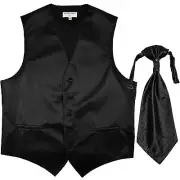 New men's tuxedo vest waistcoat & ascot horizontal stripes prom black wedding