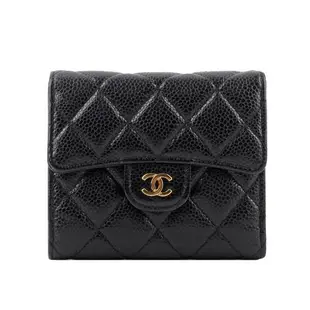 二手商品_CHANEL 金色CC Logo 菱格紋荔枝牛皮三折短夾(黑色) AP0231 Y01864 C3906