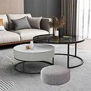 TINGTINGLI Round Nesting Coffee Table, Removable Combination Glass Tea Table, Modern Rock Slab Coffee Table with Stool, High-Low Combination, Free Arrangement, for Living Room (Set of 3)(White,S)