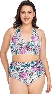 [Caihoyu] Plus-Size Female Two-Piecing Swimsuit Tummy Control Bathing Suits High Waisted Bikini Swimwear Flowers Floral L