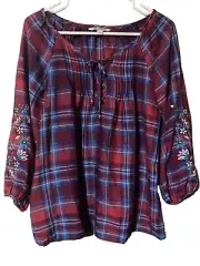 Pioneer Woman Lace Up Peasant Top Small Blouse Embroidered Long Sleeve Plaid NEW