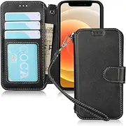 Cavor Case for iPhone 12 Mini 5.4'' Luxury Cowhide PU Leather Wallet Case Flip Folio Case Cover with Kickstand Function Card Slots Holder Wrist Strap Lanyard Magnetic Protective Phone Case-Black