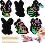 Easter Scratch Off Cards - 24X Easter Scratch Off Art Paper Cards - Easter Scratch Eggs Easter Crafts with Stick and Ribbon for Door Wall