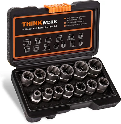 THINKWORK Bolt Extractor Set, 13+1 Pieces Impact & Nut Remover Stripped Lug Remo