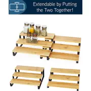 Catzon 2 Pcs Bamboo and Metal Spice Rack 3-Tier Expandable for Kitchen