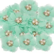 2.36 Inch Rhinestone Chiffon Flower, 15 Pcs Fabric Appliques, Grass Green