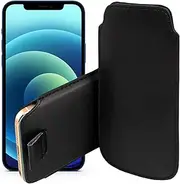MEZON Pull Tab Slim Faux Leather Pouch Sleeve Case for Apple iPhone 12 (6.1") – Shock Absorption, Wireless Charging Compatible (iPhone 12, Black)
