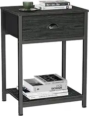 [Furologee] Nightstand with Fabric Drawer & Storage Shelf, Small Bedside Table Organizer for Small Space, 2 Tiers Industrial End Table, Side Table for Living Room, Bedroom, Black Oak