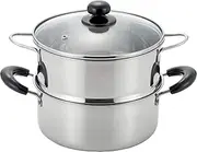 Yoshikawa SJ2967 Double-Handed Pot, Two-Stage Steamer, Stainless Steel, 7.9 inches (20 cm), Gas Fire, Induction Compatible, Steamed Food