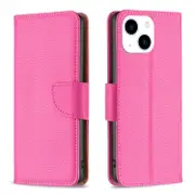 For iPhone 15 Case, Lychee PU Leather Wallet Cover, Rose Red