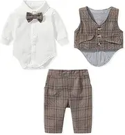 [DINGDONG'S CLOSET] Baby Tollder Boy Formal Outfit Suit with Long Sleeve Shirt+Pants+Bow Tie+Waistcoat Clothes Set