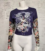 Ed Hardy Twofer Junior Size L Mesh Tattoo Long Sleeves Panthera Crop Top