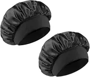 [Kellegour] Pack of 2 Silk Caps for Sleeping, Satin Hair Cap, Adjustable Sleep Cap, Women's Satin Bonnet Sleep Cap, Silk Sleep Cap, Satin for Women and Girls, Curly Natural Hair (Black), Black, 30