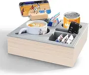 Couch Cup Holder Tray, Drink Holder for Remote/Snacks/Beverage, Soft Food Grade Silicone Acacia Wooden Couch Caddy for Bed/Car Seat/Beach Organizer (Grainy)