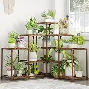 Bamworld Plant Stand Indoor Outdoor Corner Shelf 11 Potted Large Holder for Multiple Plants Wooden Tall Stands Combo Table Rack Garden Patio Lawn Window