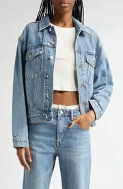 Alexander Wang Oversize Logo Embossed Denim Trucker Jacket in Vintage Light Indigo at Nordstrom, Size Medium