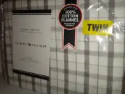 TOMMY HILFIGER 3-PC TWIN FLANNEL Sheet Set White Taupe Plaid 100% FLANNEL COTTON