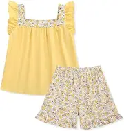 [Kukume] Girls Square Collar 2 Piece Outfits Flutter Sleeve Top and Ruffle Mid Waist Shorts for 3-12Y