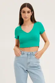 Green V Neck Lettuce Edge Baby Tee - Size XS, Women's Top