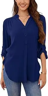 [baicpo] 3/4 Sleeves Rayon Womens Blouses Button Down Shirts V-Neck Pocket Cutaway Hem Women Tops Dressy Casual