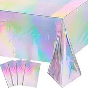 FunnyPars 4 Pack Iridescent Plastic Tablecloths Shiny Disposable Laser Rectangle Table Covers Holographic Foil Tablecloth Iridescent Party Decoration