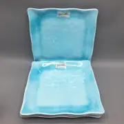 x4 Tommy Bahama Aqua Blue Square Melamine Dinner Plate Set Beach Ocean Wave Edge