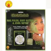GLOW-N-DARK GEM WEB JEWEL TATTOO MAKEUP KIT HALLOWEEN SPIDER NAIL POLISH GLITTER