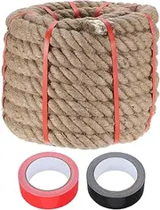 sourcing map Jute Rope 1.4 Inch x 49ft, Heavy Natural Thick Twisted Rope with 2 Roll Tapes for Crafts Railing Docks Tug of War Swing Nautical Landscaping
