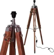 Vintage Tripod Wood & Chrome Lamp Base, Nautical Adjustable Light Stand, 55 Inch
