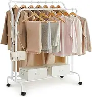 SONGMICS Clothes Rail, Clothes Rack, Double Clothes Hanging Rail, Heavy-Duty Metal Frame, with Wheels and Shelf, 100 kg Total Max. Load, 103.5 cm Wide, Clothing Storage, White HSR107W01