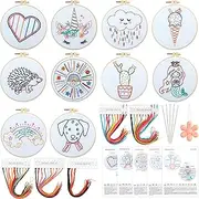 Giegxin 10 Sets Embroidery Kit for Beginners 7-13 Embroidery Patterns with Hoops, Instructions, Fabric, Needles, Floss, Cross Stitch Sets for Adults Kids Needlepoint Cross Stitching Craft Supplies